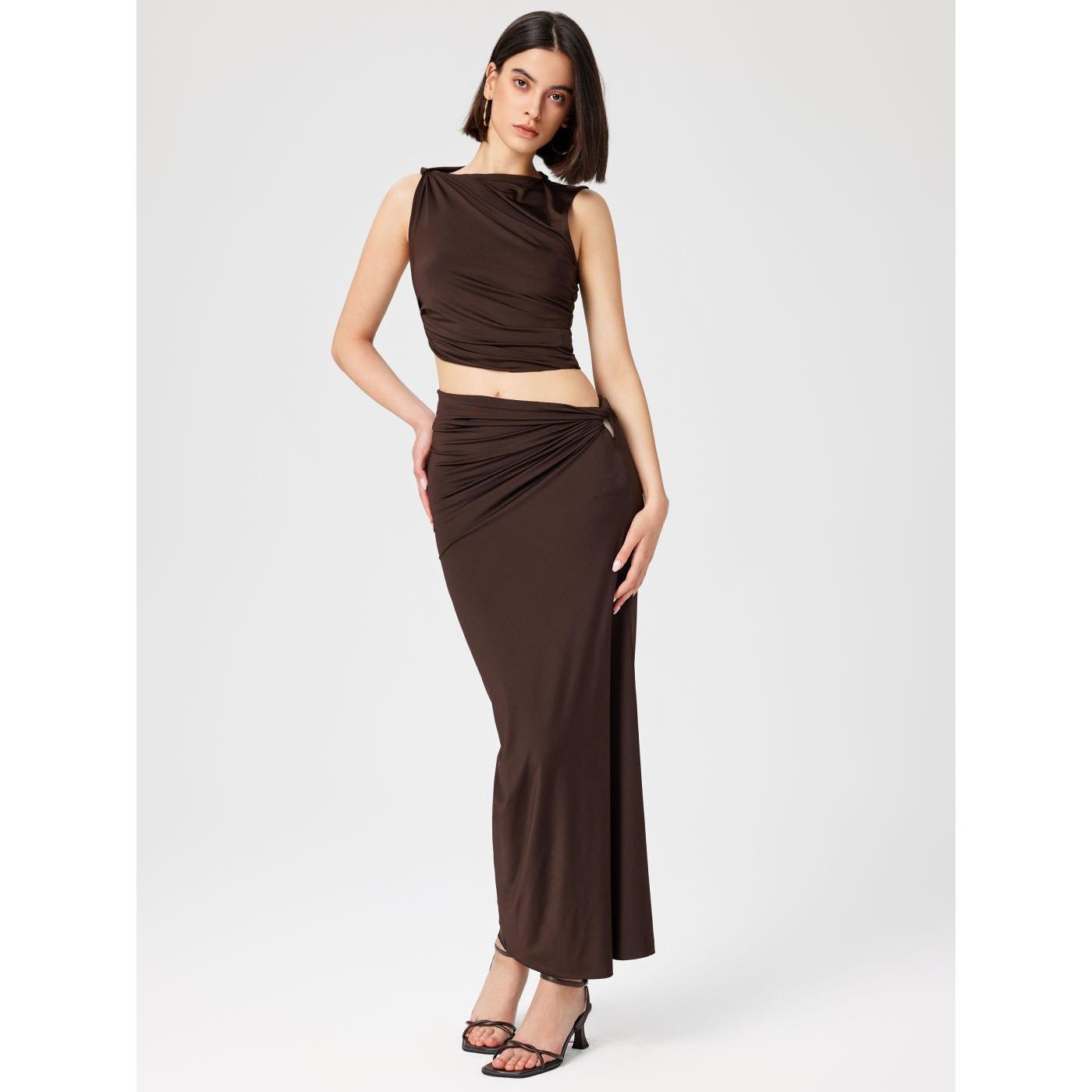 

women s Solid Sleeveless Ruched Crop Top Twist Cutout Maxi Skirt 2 Piece Bodycon Skirt Set XXS темно-коричневого