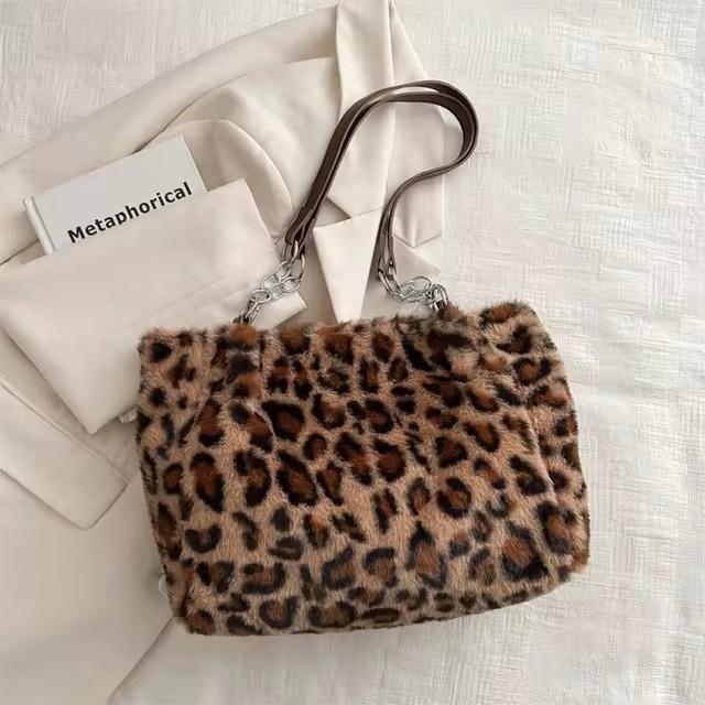 Women's Leopard Print Plush Tote Bag, Large Capacity Fluffy Shoulder & Underarm Handbag, Luxury Commuter Bag