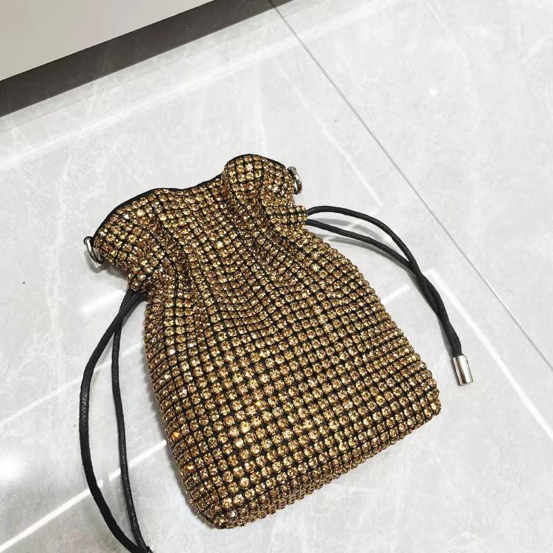 Sparkling Rhinestone Drawstring Mini Square Handbag Women PU Leather Crossbody Bag With Magnetic
