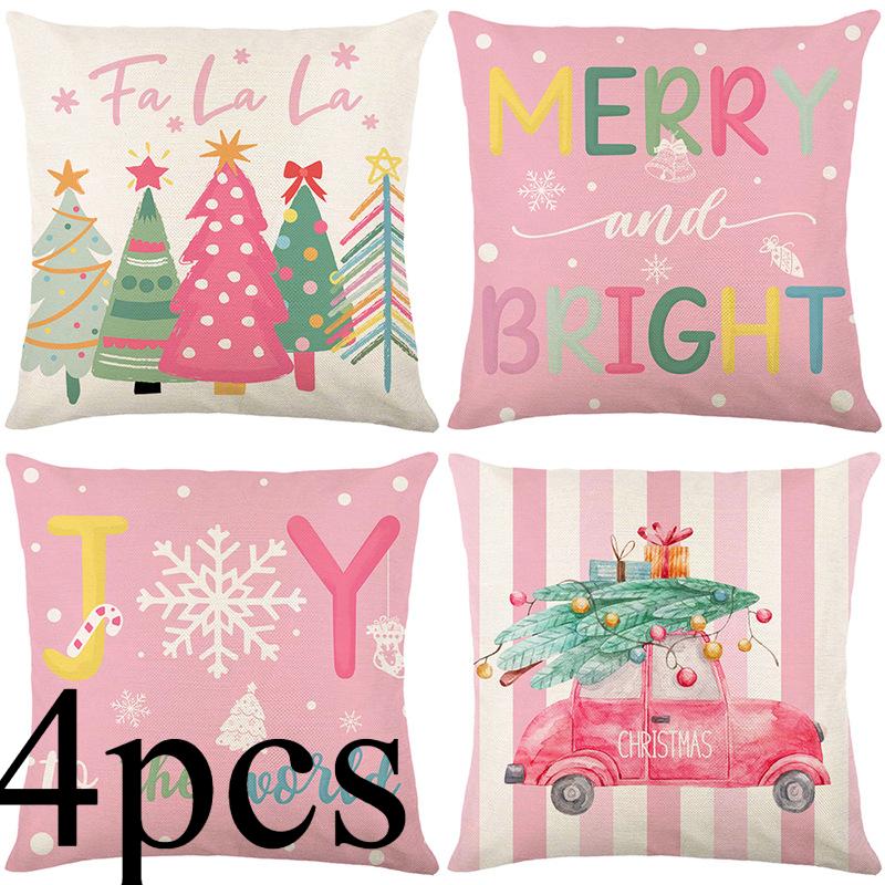 4pcs/Set Christmas Tree Linen Printed Pillowcase Christmas Sofa Decorative Back Cushion Cover Cushion Cover without Pillow Core