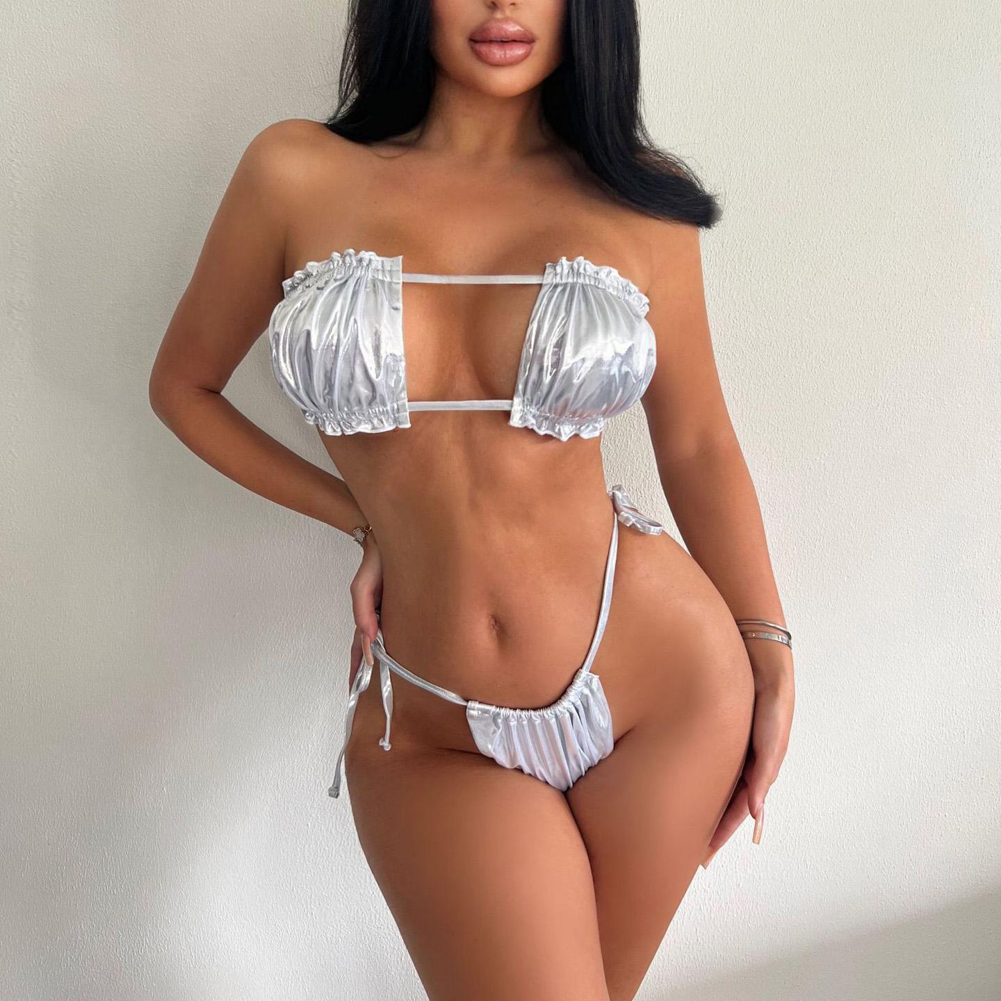 

Женский сексуальный глянцевый треугольный раздельный бикини-костюм, летний купальник-стринги с завязками по бокам, эластичный бикини на бретельках M серебряный