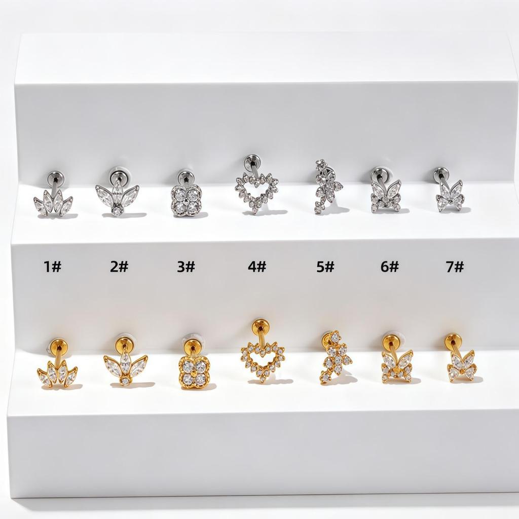 Stainless Steel Zirconia Inlaid Heart & Butterfly Ear Bone and Lip Stud Piercing Jewelry