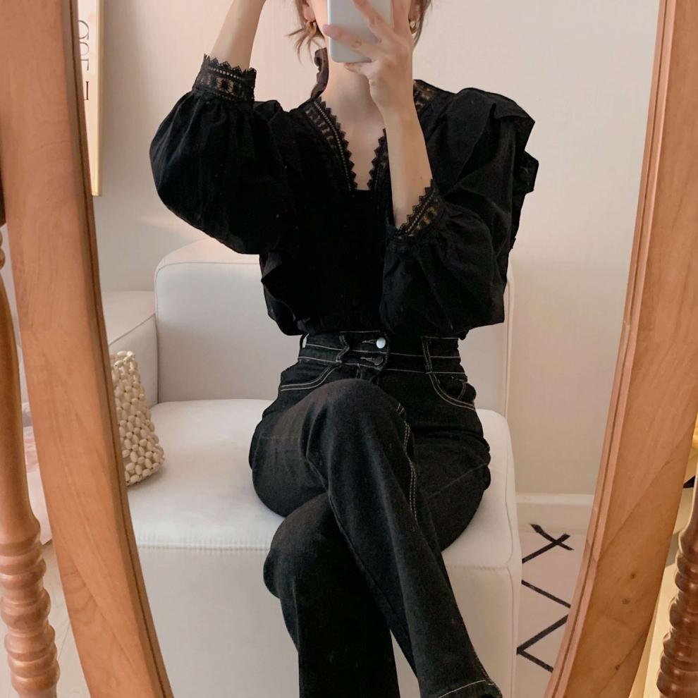 Haut Femme Automne 2025 à Volants, Col Bateau, Manches Longues