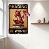 Vintage Rustic Metal Tin Sign - 'READING WON' with Dragon & Books Design for Home Bar Man Cave Decor