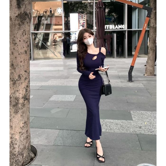 

Sweet and spicy atmosphere fishing department dating bottom skirt women s autumn and winter hollow temperament with coat dress S темно-синий