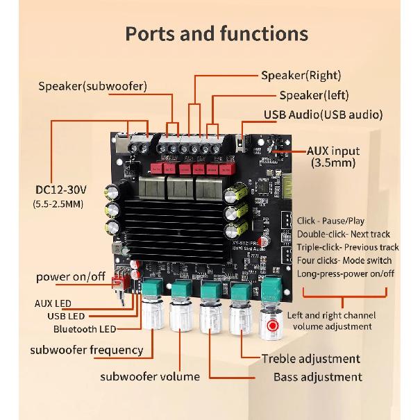 ST21PRO TPA3221 Bluetooth 5.0 2.1 Channel Power Audio Stereo Subwoofer Amplifier Board 100WX2+200W TREBLE Bass note tuning AMP