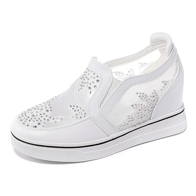 Fashion Comfortable Women Loafers  Lace Slip On Walking Shoes White Sneakers Casual Shoes Ballet Flats Platform Shoes Rhinestone