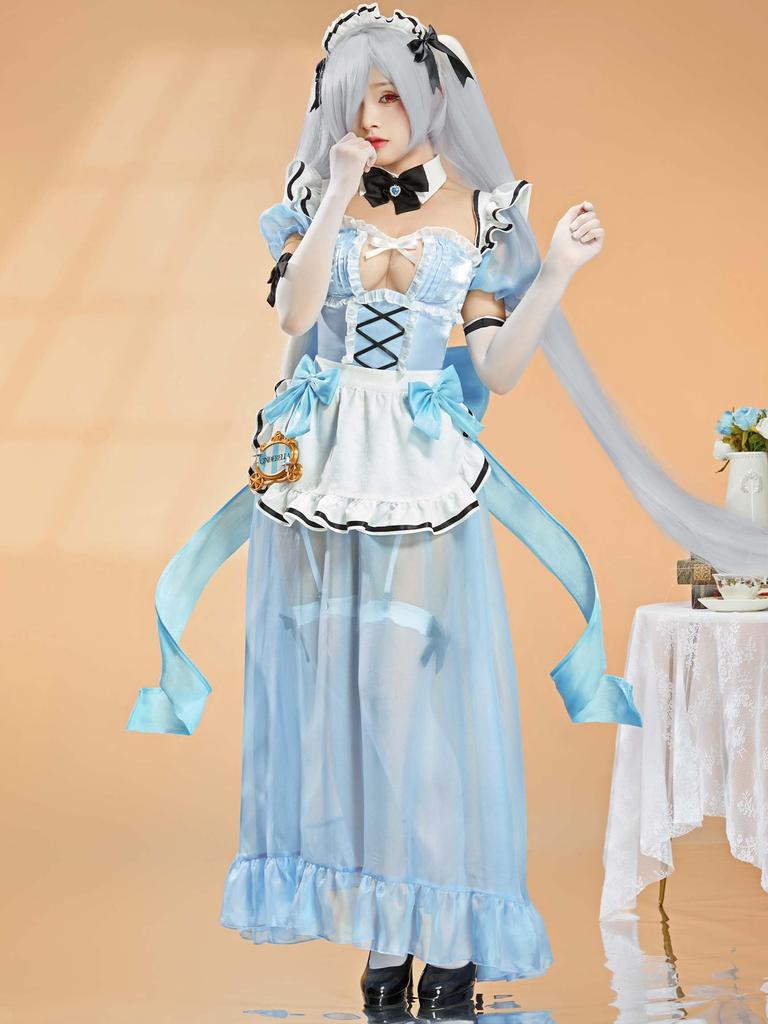 Adult Anime Game Goddess Style Open Chest Princess Maid Dress Cute Adorable Moe Cool Costume Cosplay Fancy Dress Transformation Outfit Set Blue