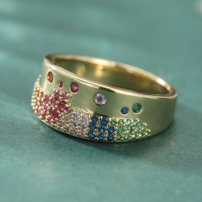 Elegant Inlaid Multicolored CZ Women's Ring Aesthetic Gold Color Geometry Daily Wear Party Jewelry Anniversary Gift