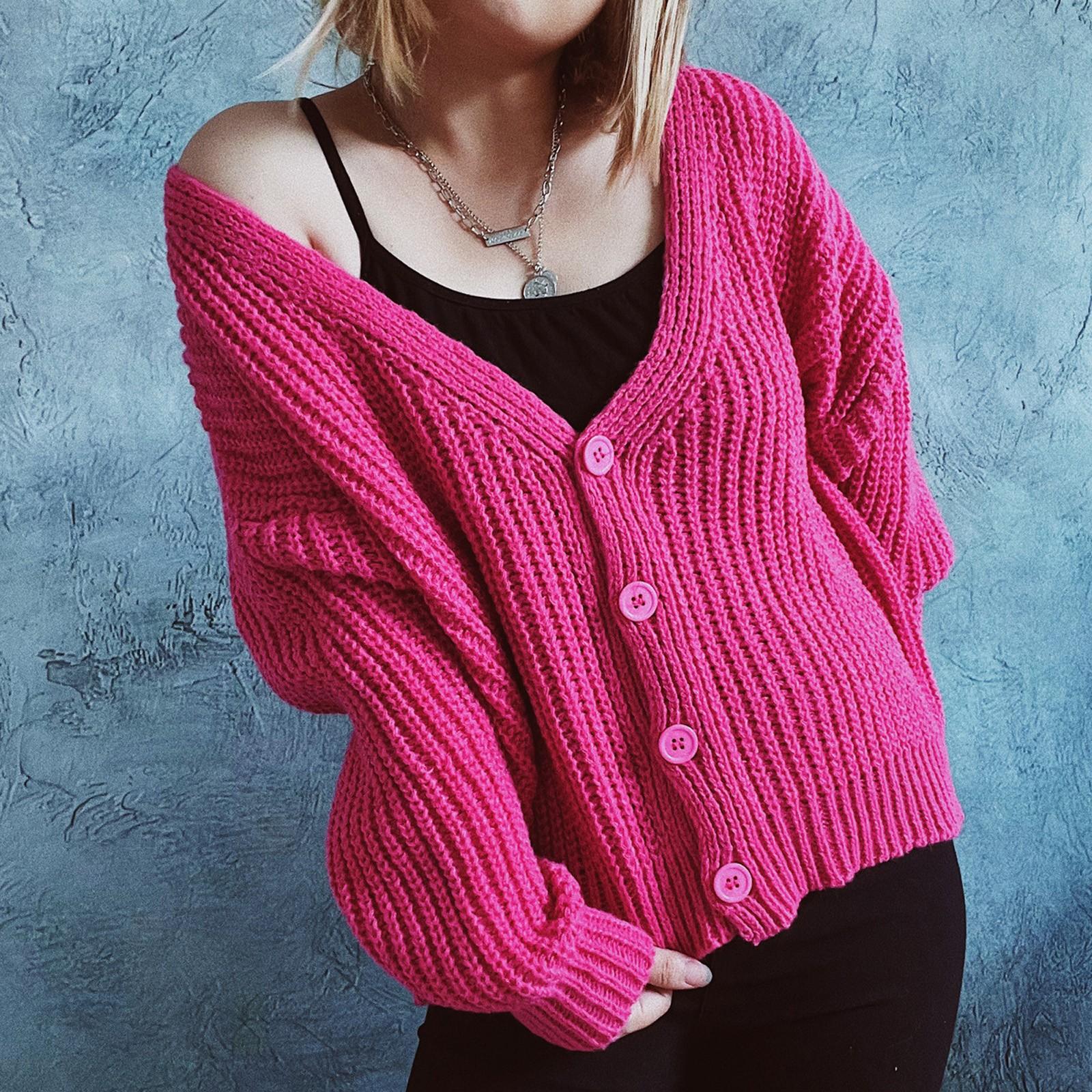 

Женский свободный повседневный вязаный кардиган с длинными рукавами, свитер с длинными рукавами, модная куртка XL горячий розовый
