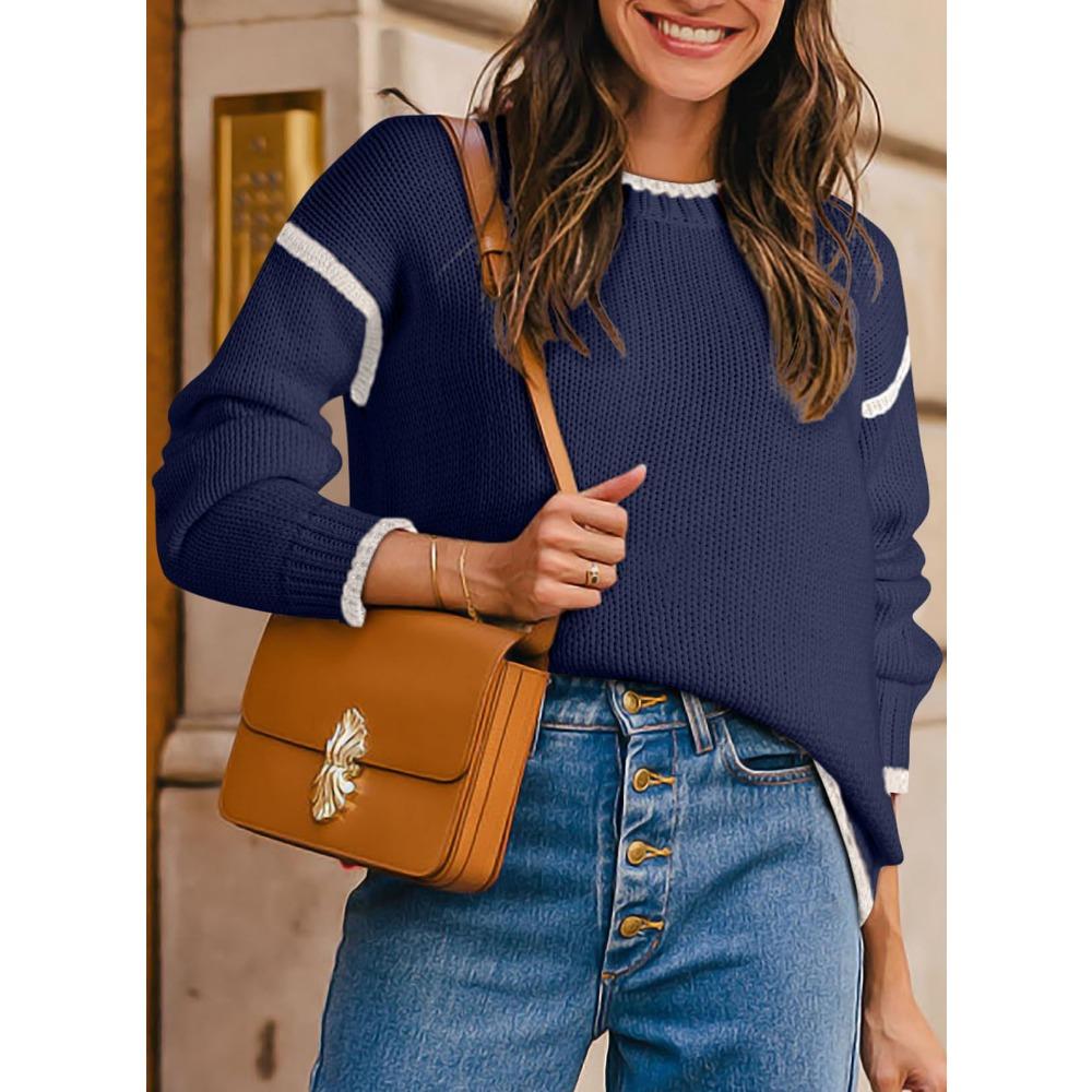 Casual Pullover Long Sleeved Loose Contrasting Solid Color Women's Sweaters