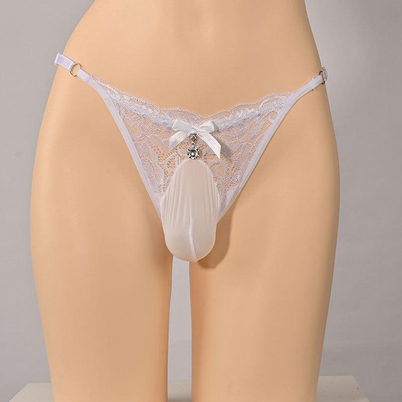 Herren Spitzen-Lingerie Tanga Sexy Herren Sissy Beutel T-Rücken String Verstellbar Niedrige Taille G-String Femboy Durchsichtig Penis Hülle Slips