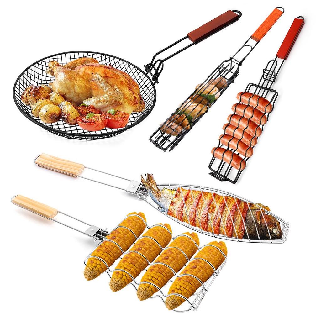 Spot Removable Non-Stick BBQ Grill Rack with Wooden Handle for Sausage, Fish, and Corn