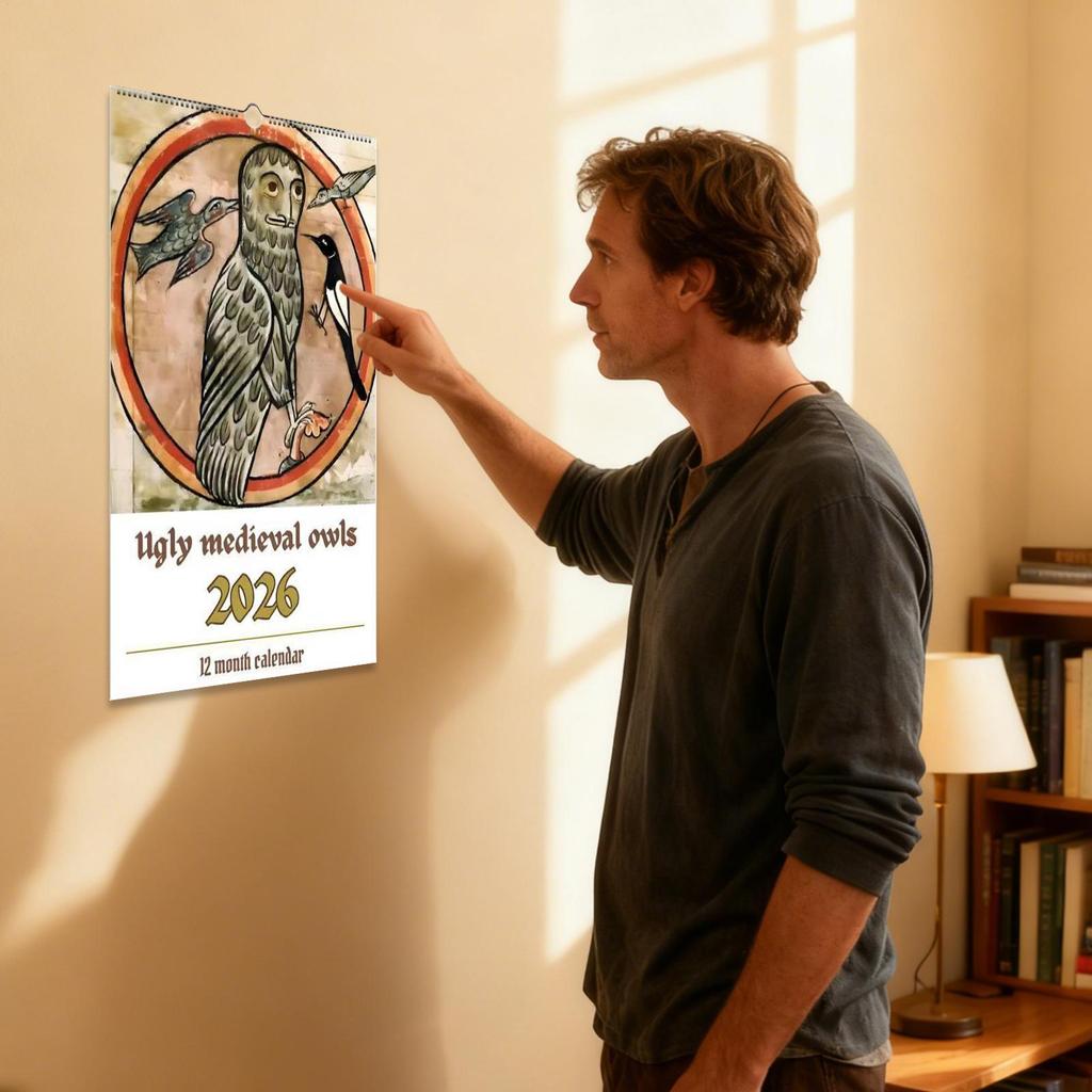 2026 Kalender Mittelalterliche Eulen Terminplaner Monatliche Wandkalender für Freunde Familie Wohnzimmer Arbeitszimmer Wohnung