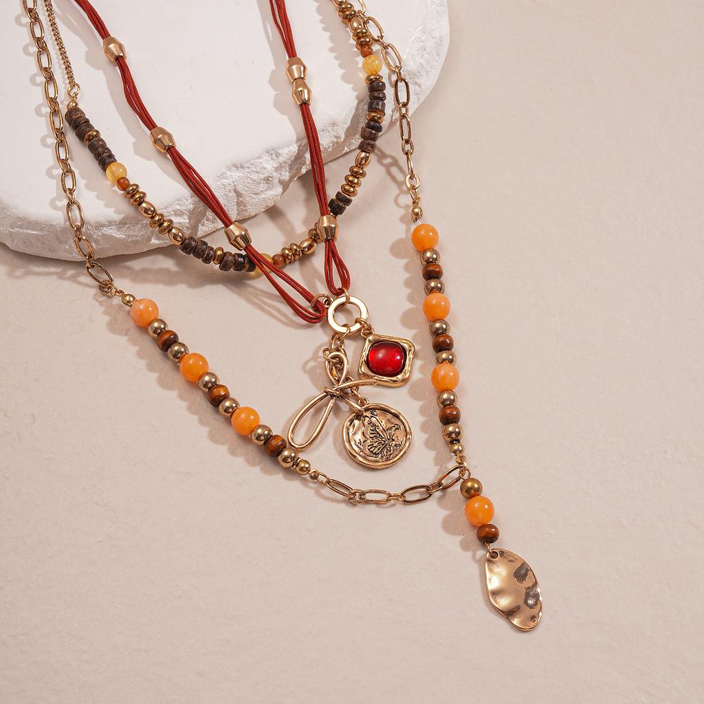 Retro wood bead leaf bow multi-layer necklace niche ethnic style necklace decoration