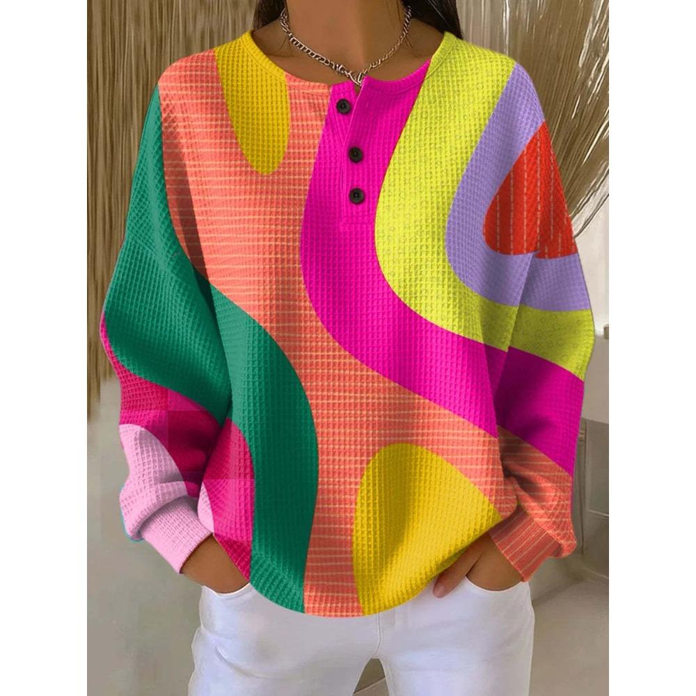Women's Crew Neck Three‑Button Placket Color‑Block Striped Waffle Knit Loose Long Sleeve Top