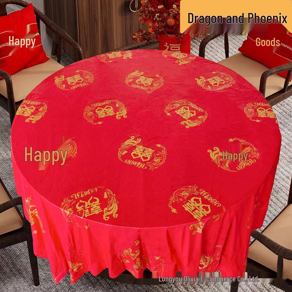 Double Happiness Thickened Disposable Tablecloth - Deep Red for Weddings, Banquets, and New Year Celebrations.