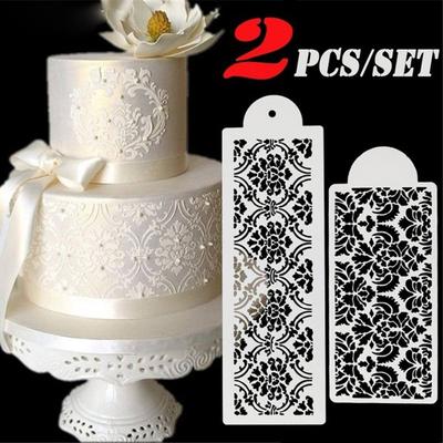 2PC Plastic Cake DIY Template Damask Lace Border Pastry Make Sugarcraft Fondant Baking Mold Cupcake Stencil Cake Decorating Tool