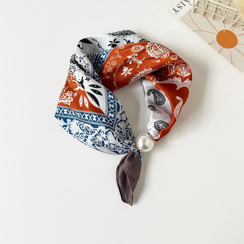 Scarf Magnetic Silk Collarbone Pearl Neck Scarf Thin Lazy Pendant Chain Buckle Bandana Handkerchief Foulards Femme Accesories