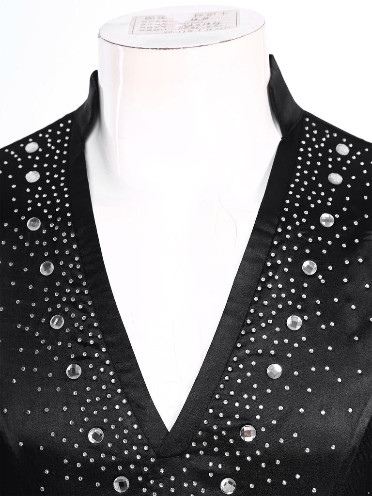 Men's Latin Dance Leotard - Glittery Rhinestones V Neck Long Sleeve Satin Patchwork Bodysuit for Performance