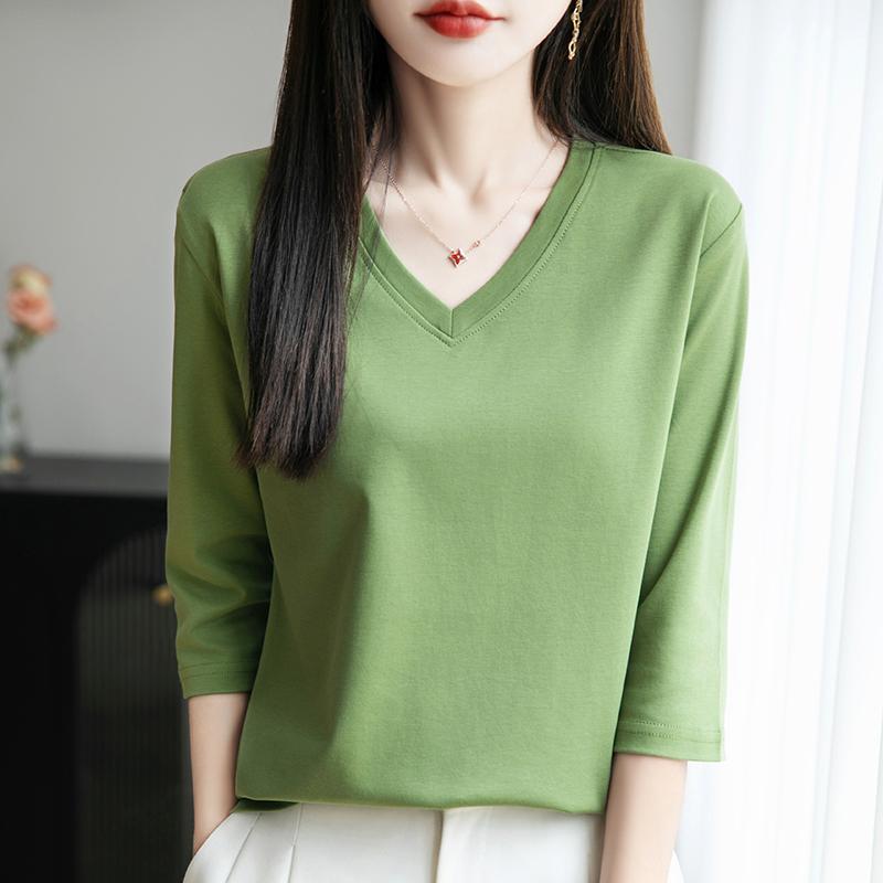 Spring Summer Cotton V-neck T-shirt Short-Sleeved Women's Half-Sleeve Bottoming Shirt High-End Cropped Sleeve Top