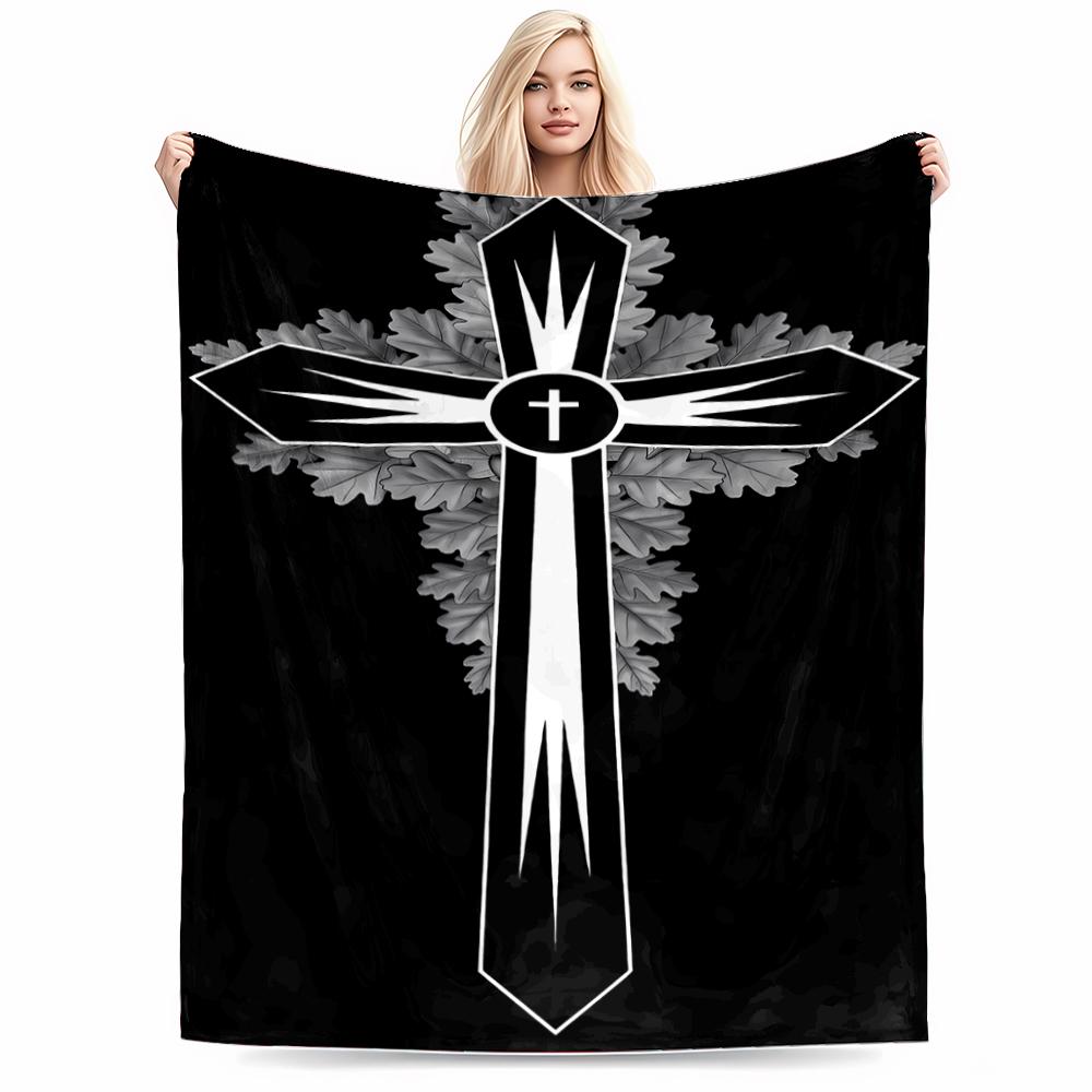 Cross and Leaf Gothic Design Flannel blanket for bedroom, living room, sofa, and nap