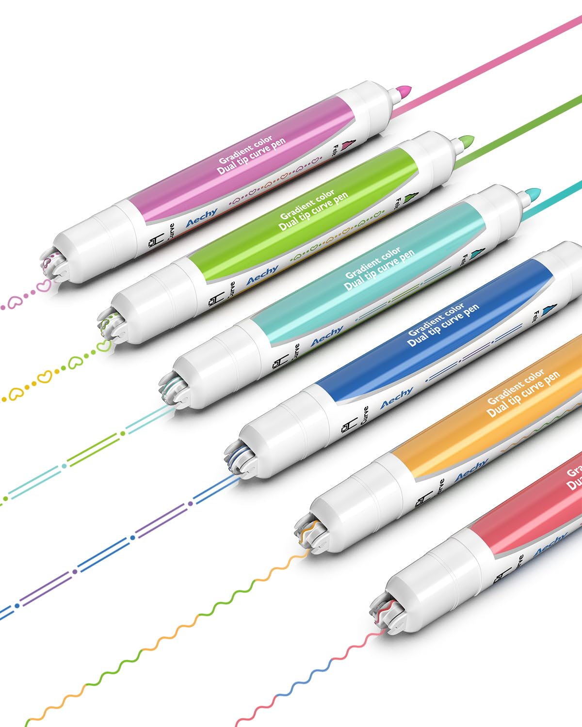 

Aechy Двусторонний маркер с изогнутой линией, с роликовым штампом, фломастер для открыток, для школы и офиса, ручка, двухцветная ручка, на водной основе и наконечник, набор из 6 штук,