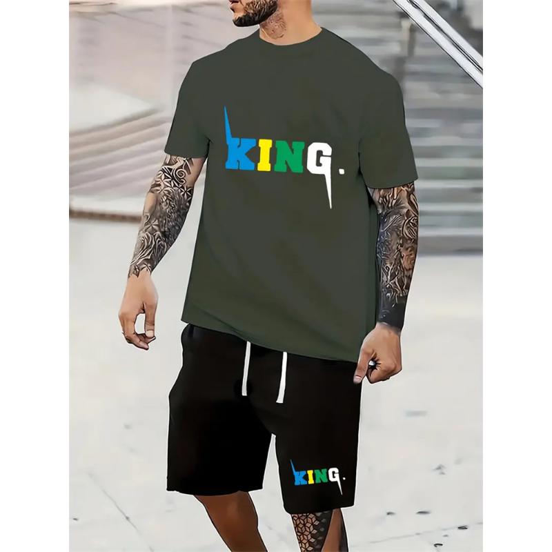 2024 New Summer Shorts Short Sleeve 2 Pieces Fashion Everyday Suit King Letter Print T-Shirt Suit Outdoor Streetwear Sports Suit