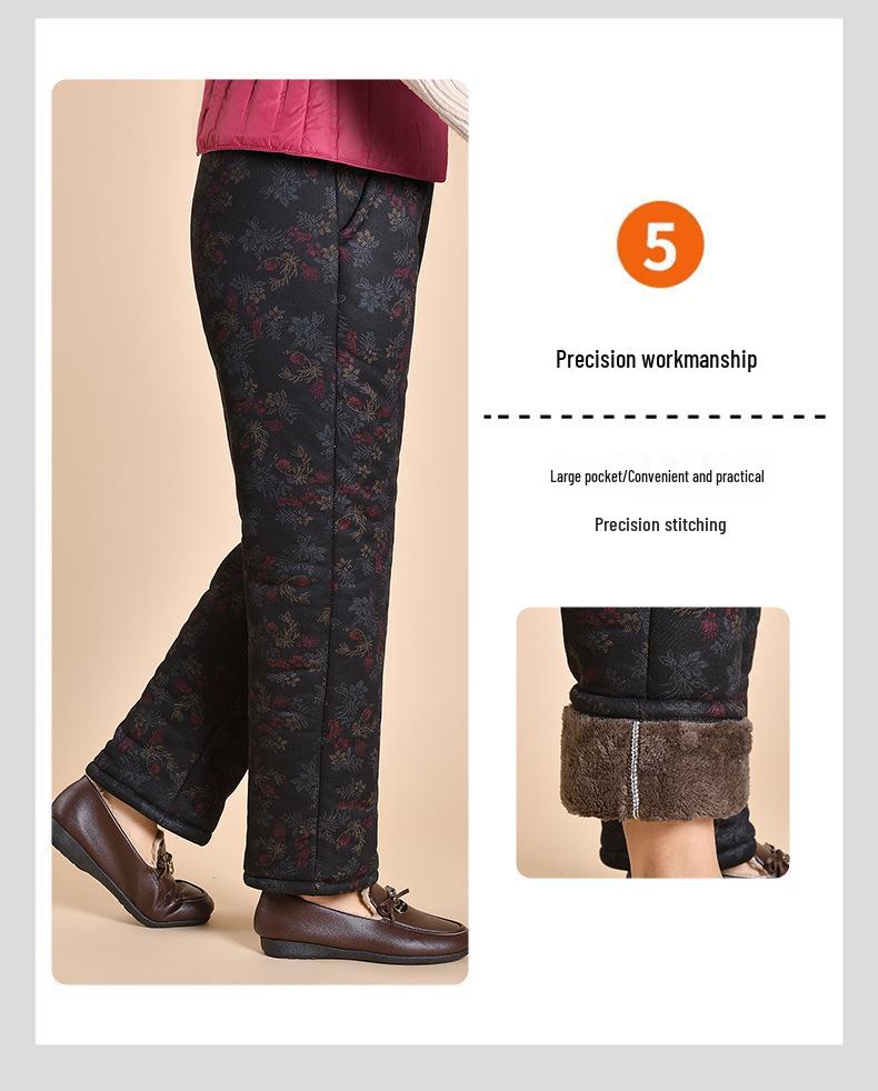 Grandma's Warm Cotton Fleece Pants: Cozy, Loose-Fitting Floral Design for Middle-Aged and Elderly, Ideal for Autumn and Winter Wear.