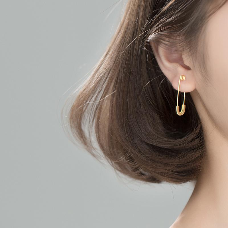 Real 925 Silver Jewelry Punk Style Minimalist Safety Pin Stud Earrings for Women Teens Girls 31mm