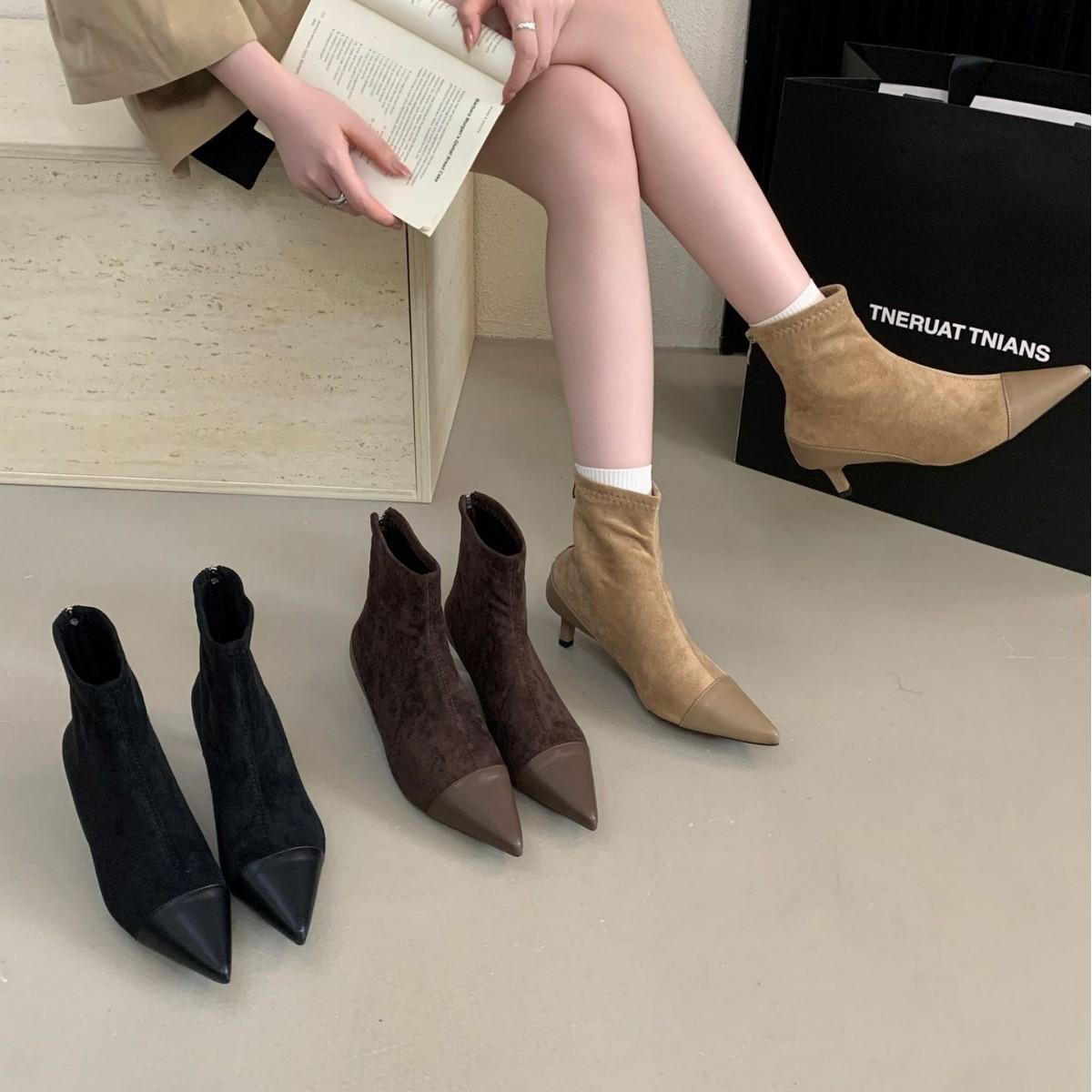 

2025 новые замшевые ботильоны-стилет с острым носком и задней молнией, с низким голенищем, облегающие, Мартин, женские короткие ботинки 39 хаки