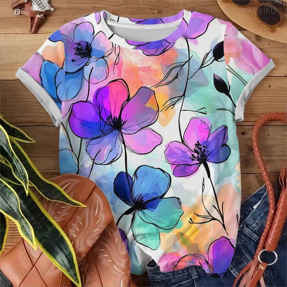 Summer Flowers Gorgeous Watercolor Dyeing Flower T-shirt with Artistic Atmosphere Full Top for Women 3D Digital
