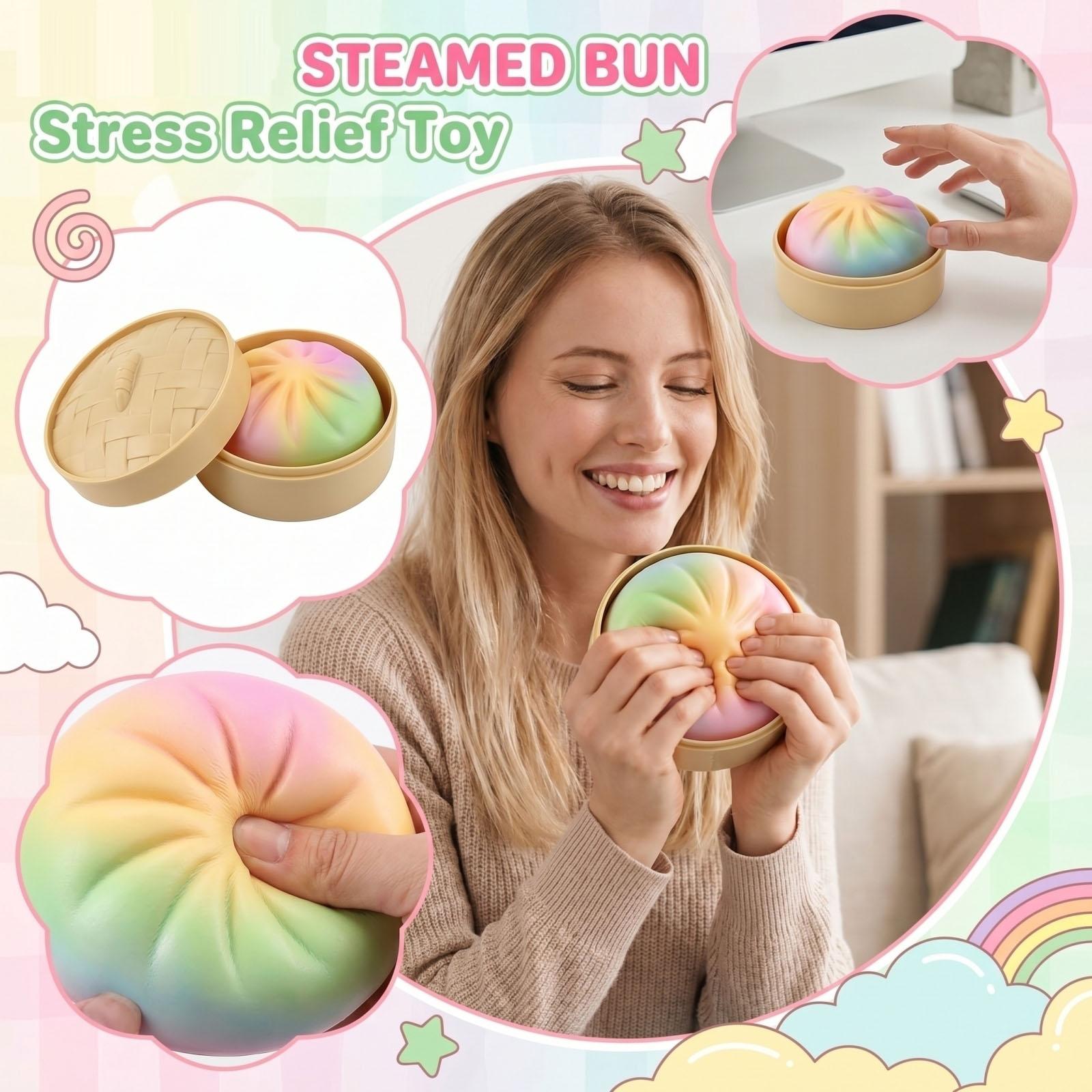 

Bao Bun Stress Relief Toy with Steamer Basket 10cm Random Expression Soft Sensory Fidget for Desk and Office Use One Size