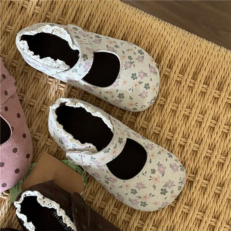 Kids Floral Print Lace Trim Mary Jane Casual Flat Shoes 21 абрикосовый