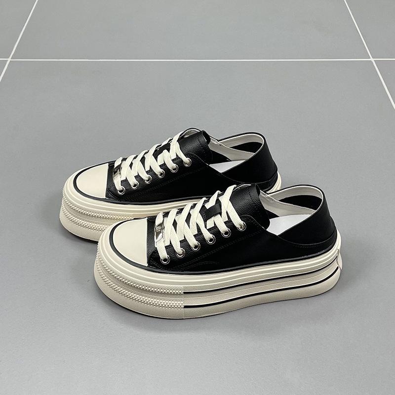 Genuine Leather Two-Way White Shoes Women's Summer New Thick Sole Increased Round Head Leisure Sports All-Matching Board Shoes