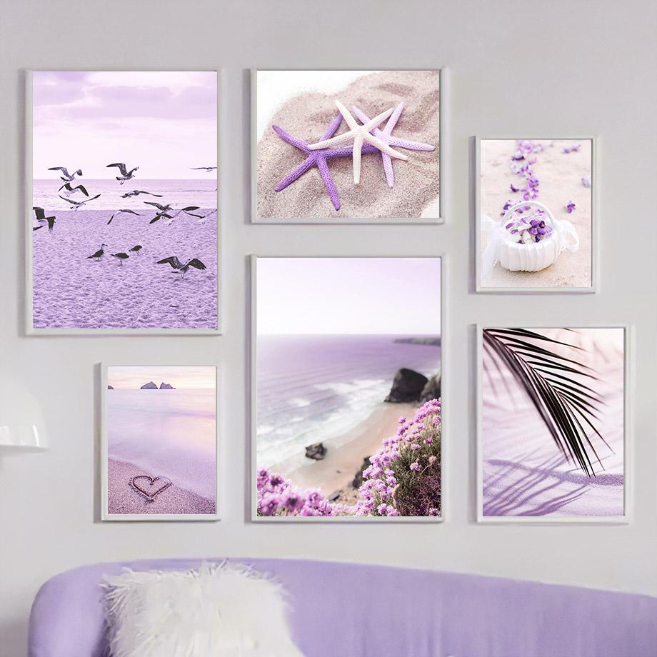 Wall Art Dreamy Purple Tropical Beach Coconut Tree Seagull Starfish Canvas Painting Living Room Decor Posters And Prints Picture