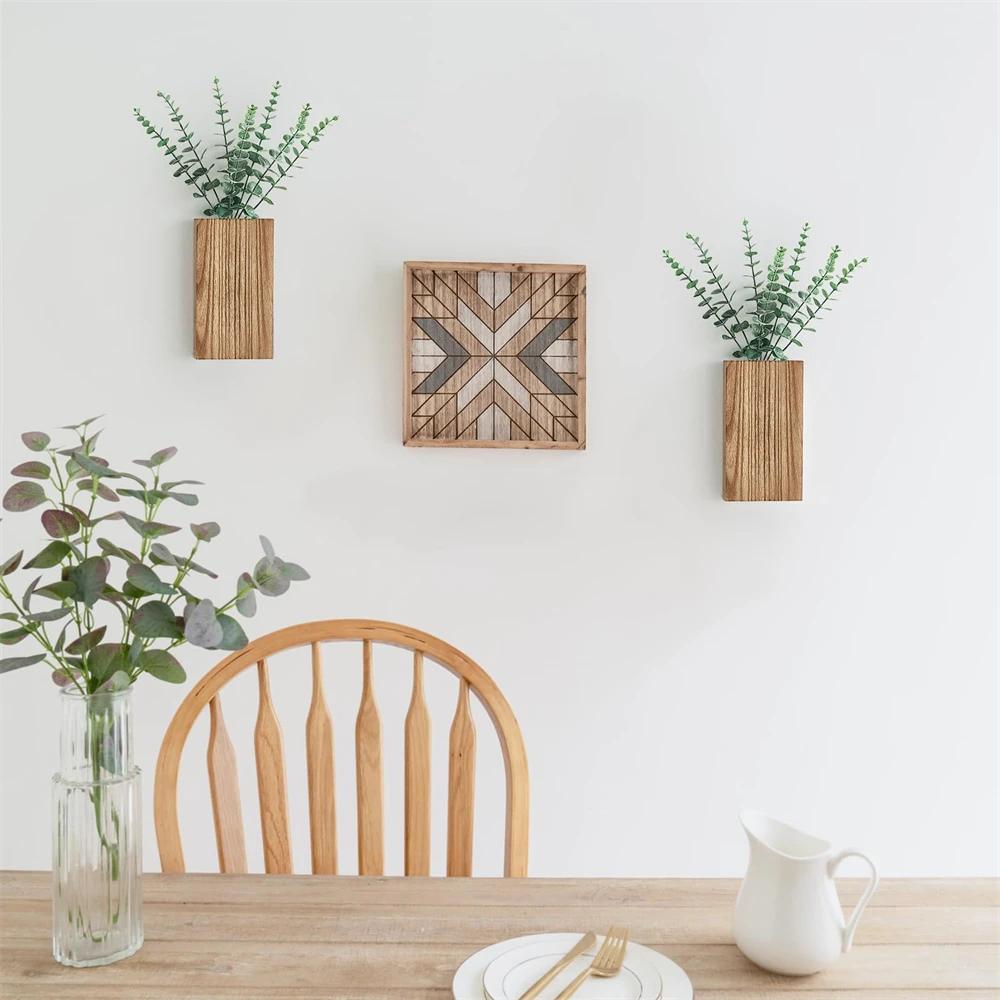 Wood Wall Planter Vase with Artificial Eucalyptus Farmhouse Wall Hanging Planter for Dried Flowers in Living Room Bedroom