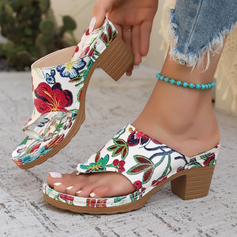 High-heeled cool slippers women's summer new color printed toe casual flip-flops thick-heeled sandals