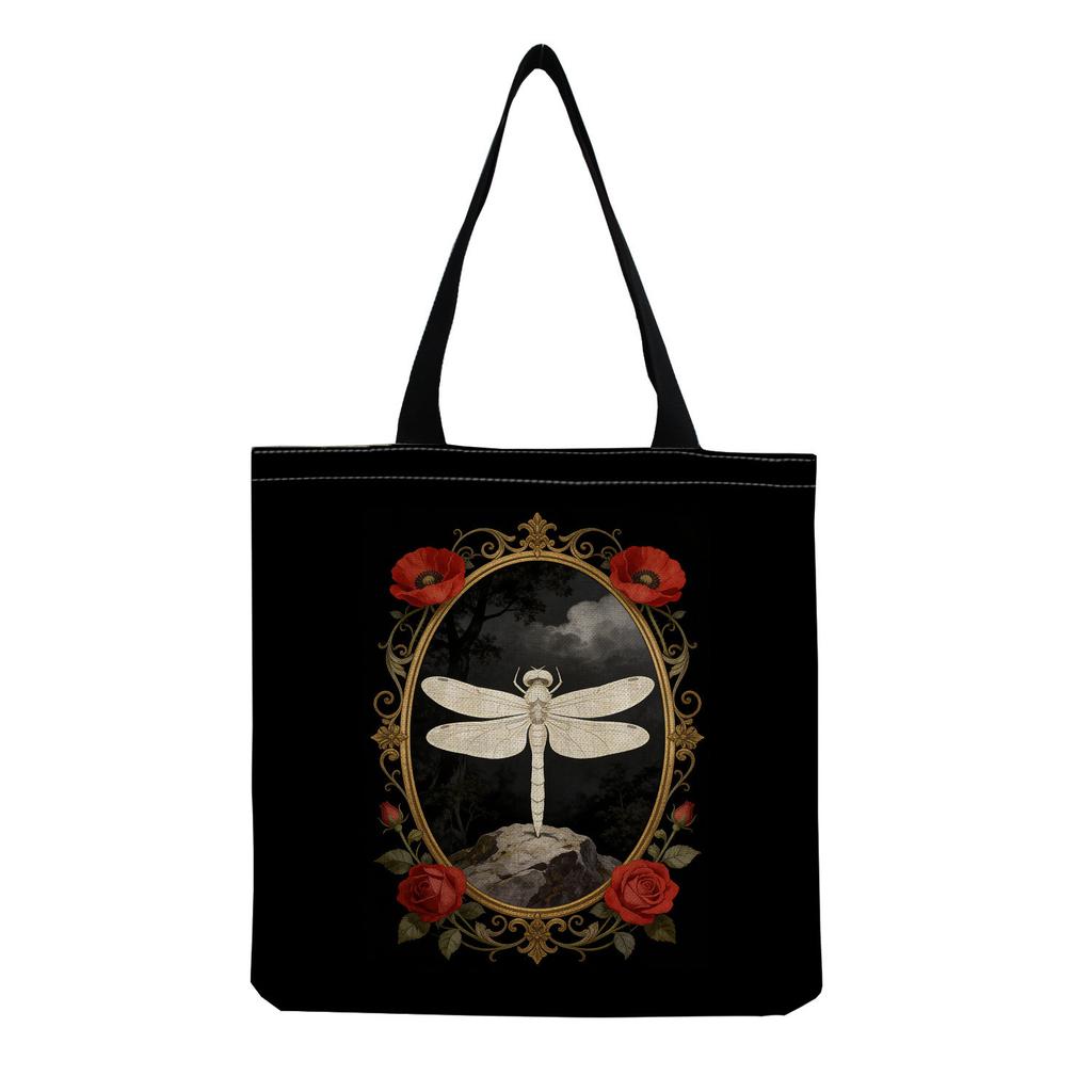 Women Vintage Linen Tote Bag - Large Capacity Dragonfly Print Shoulder Handbag for Casual & Grocery Shopping KTB