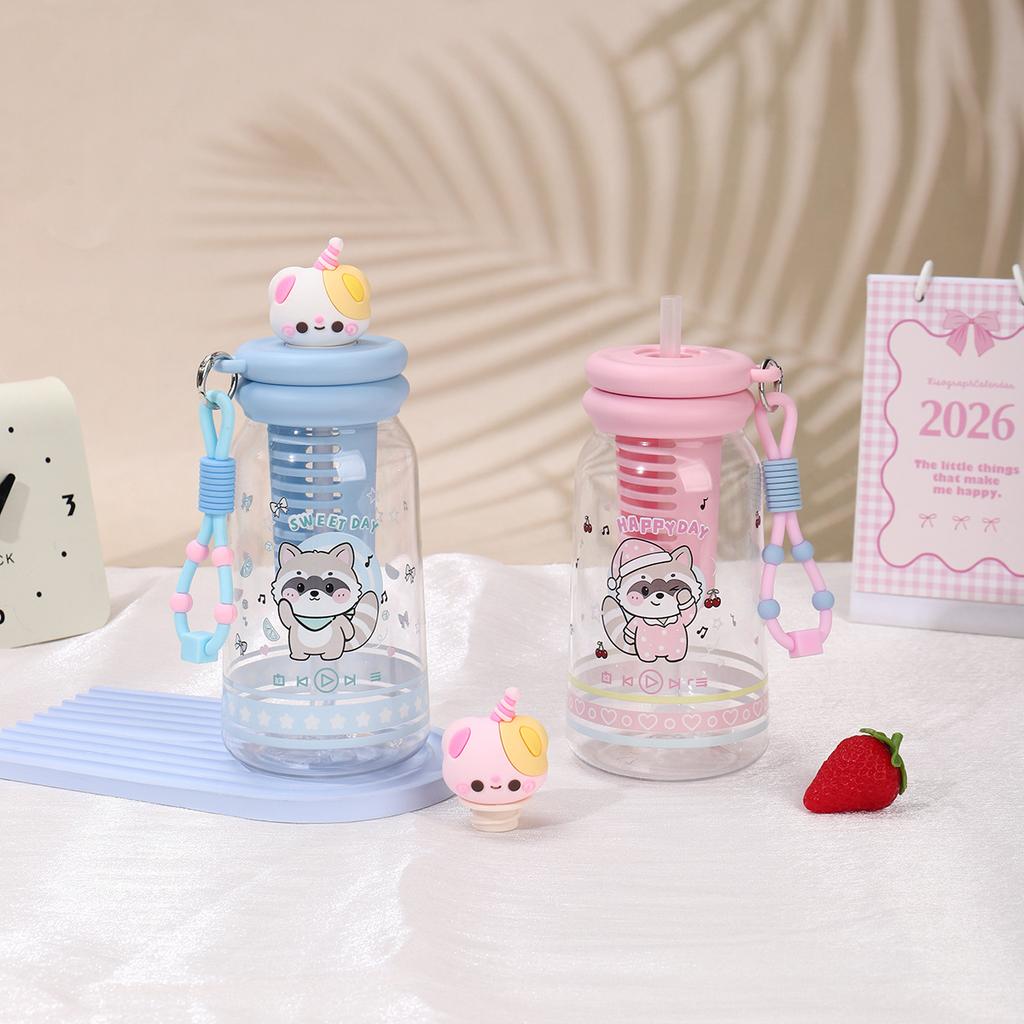 Water bottle summer cute raccoon straws cup tea separation anti-drop wear-resistant plastic cup student portable cup