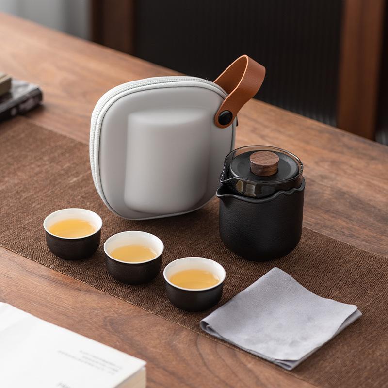 Boutique Travel Tea Set, One Pot, Three Cups, High-end Express Cup, Ceramic Glass Hand-held Pot, Anti-scalding, Portable Business Gift.
