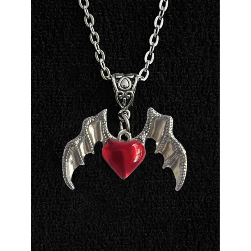 Gothic Punk Heart Pendant Necklace with Demon Wings