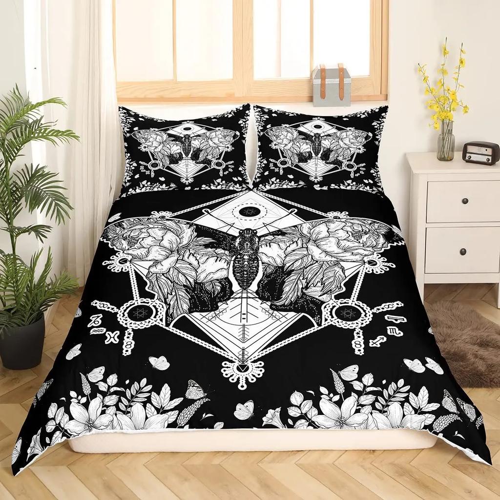Death Moth Flowers King Queen Bedding Set Leaves Sun Moon Duvet Cover Gothic Animal Floral Comforter Cover Polyester Quilt Cover