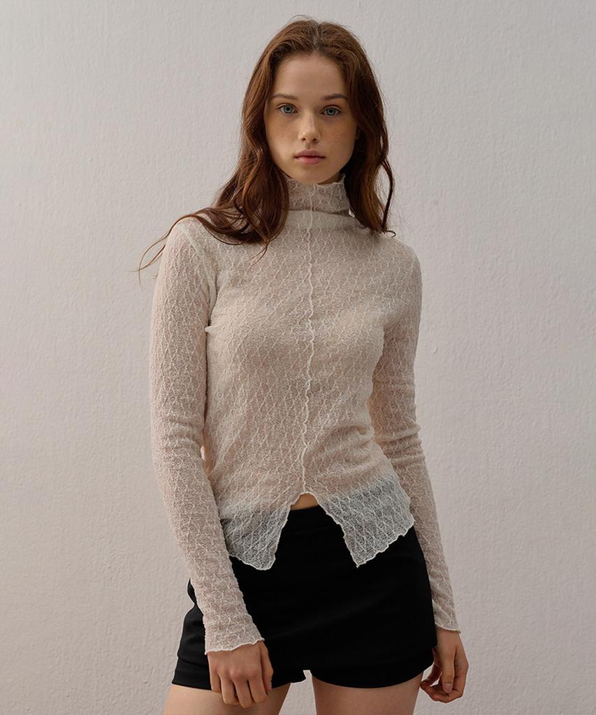 CAMINO Slit Lace Layered Turtleneck T-Shirt Ivory
