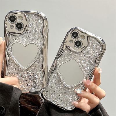 Glitter 3D Love Heart Mirror Cream Grain Edge Phone Case For iPhone 15 14 13 12 11 Pro Max Electroplate Soft Covers
