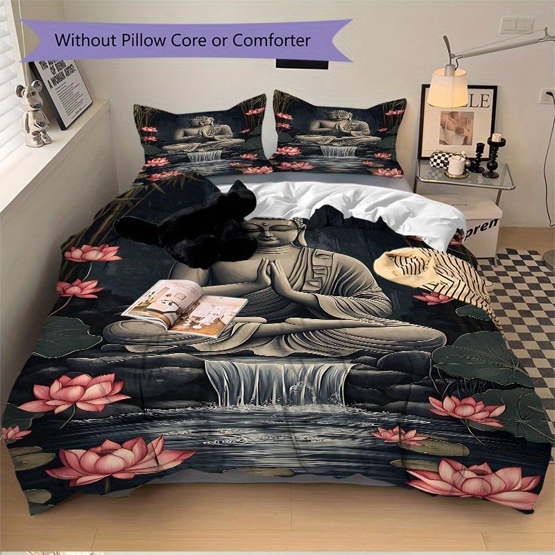 3pcs Buddha Lotus Soft Comfortable Bedding set, For Bedroom, Guest Room And Dorm, All Season Use, High-Definition Printing, Machine Washable 128