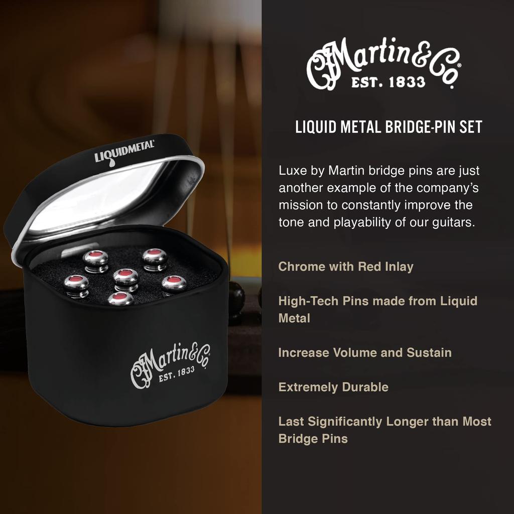 Martin LUXE BY Acoustic Guitar Bridge Pins Chrome with Red Inlay Construction for Enhanced Volume and Sustain Set of 6 MARTIN® – (18APP0007)