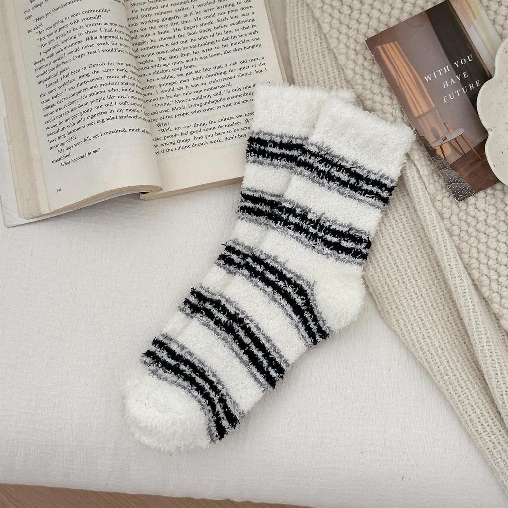 Non-Shedding Ladies Coral Fleece Striped Sleep Socks - Soft Home Slipper Socks