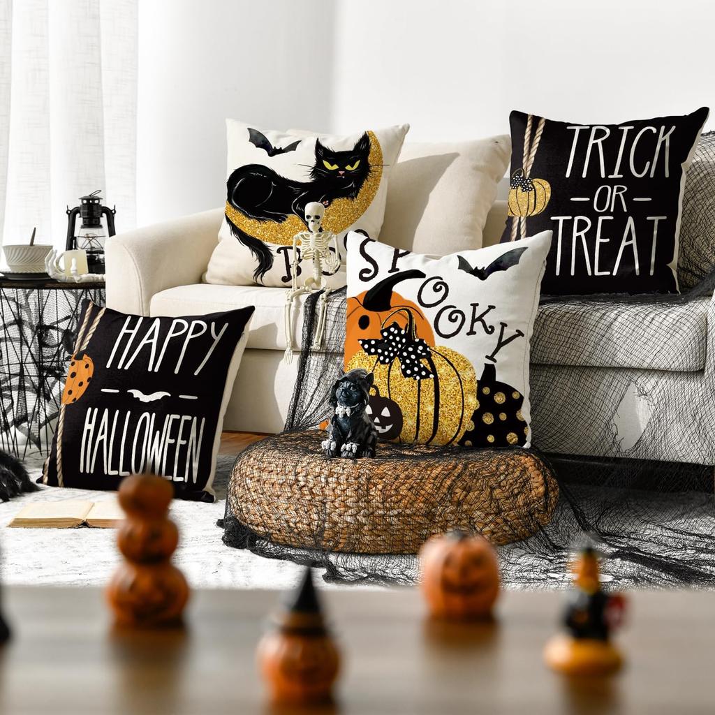 AVOIN colorlife Happy Halloween Boo Black Cat Trick or Treat Throw Pillow Covers, 18 x 18 Inch Spooky Pumpkin Bat Cushion Case for Sofa Couch Set of