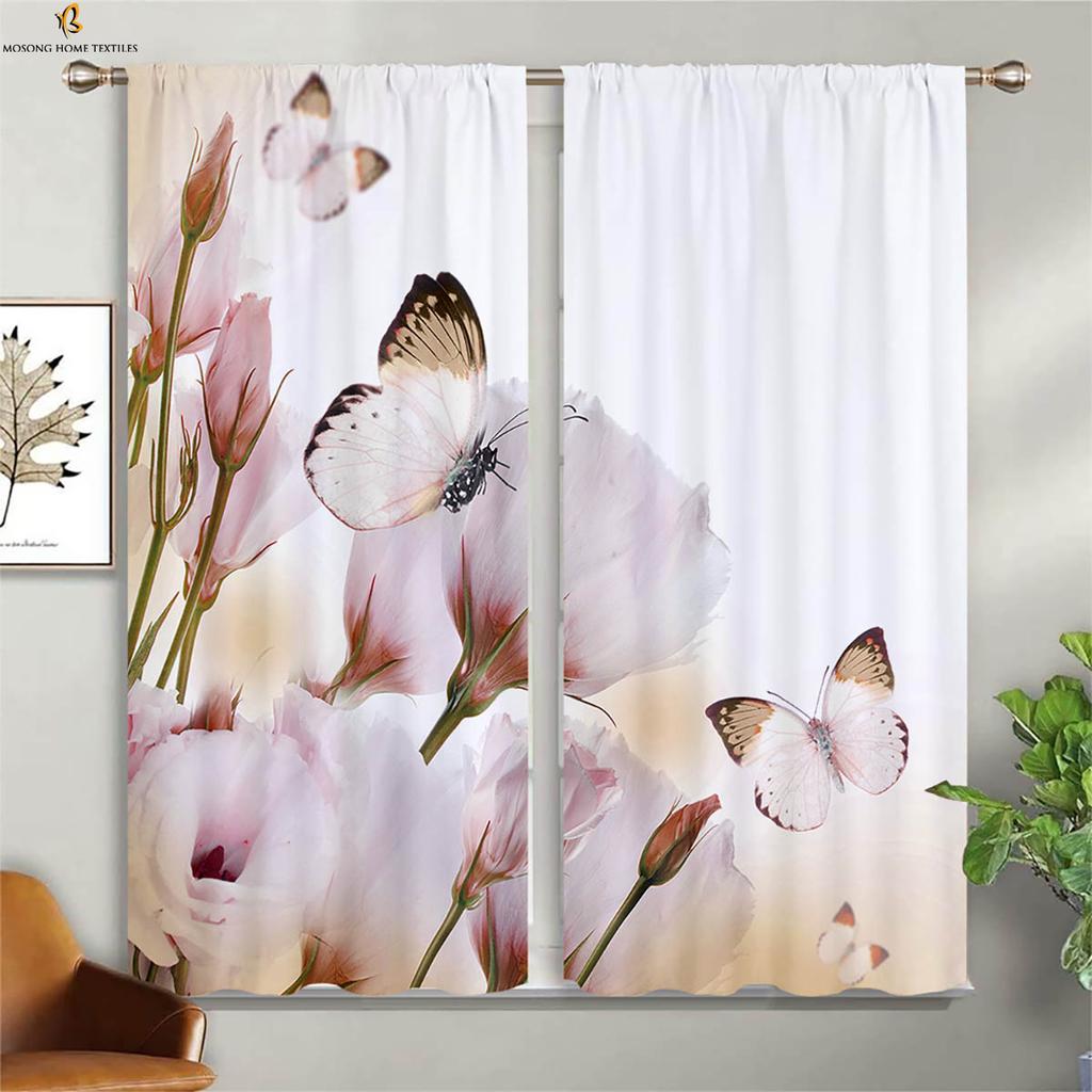 Floral Butterfly 3D Printed Curtain Rod Pocket Bedroom Living Room Kitchen Window Curtain Home Decor 2 Pieces
